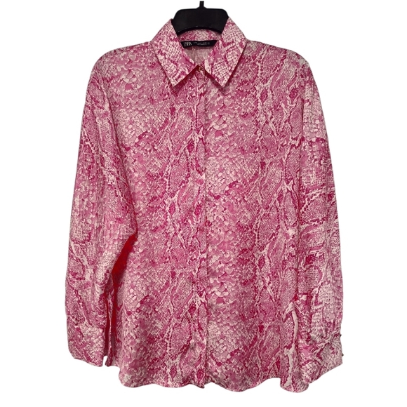 US S🌸Zara Vibrant Pink Patterned Button Down Shirt *P2P 22" - Picture 2 of 8